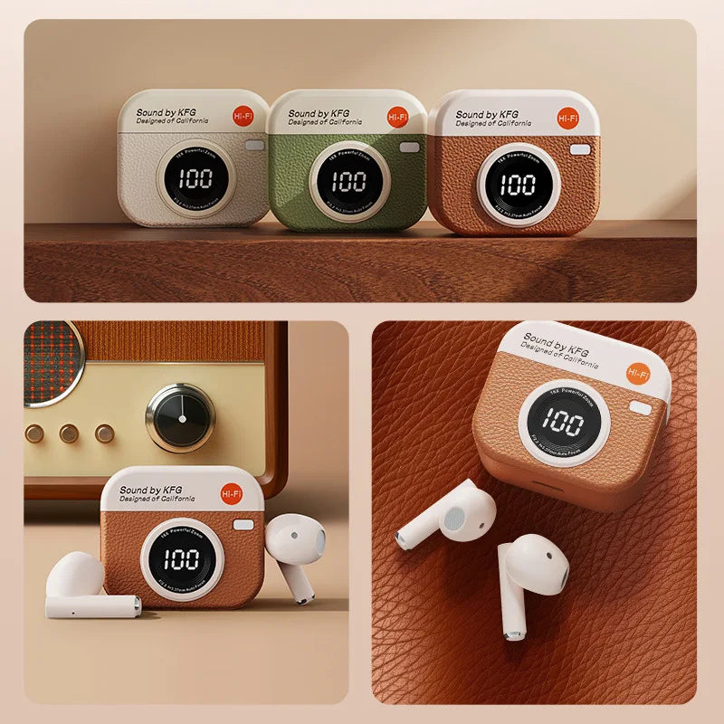Vintage Camera Shaped Semi-in-ear Audio Earbud Set, Mini Cute Camera Design Charging Storage Case
