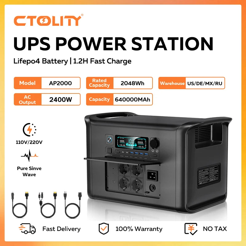 CTOLITY AP2000 2400W Portable Solar Generator 2048Wh Lifepo4 Battery Power Station AC Outlets Pure Sinve Wave emergency Supply