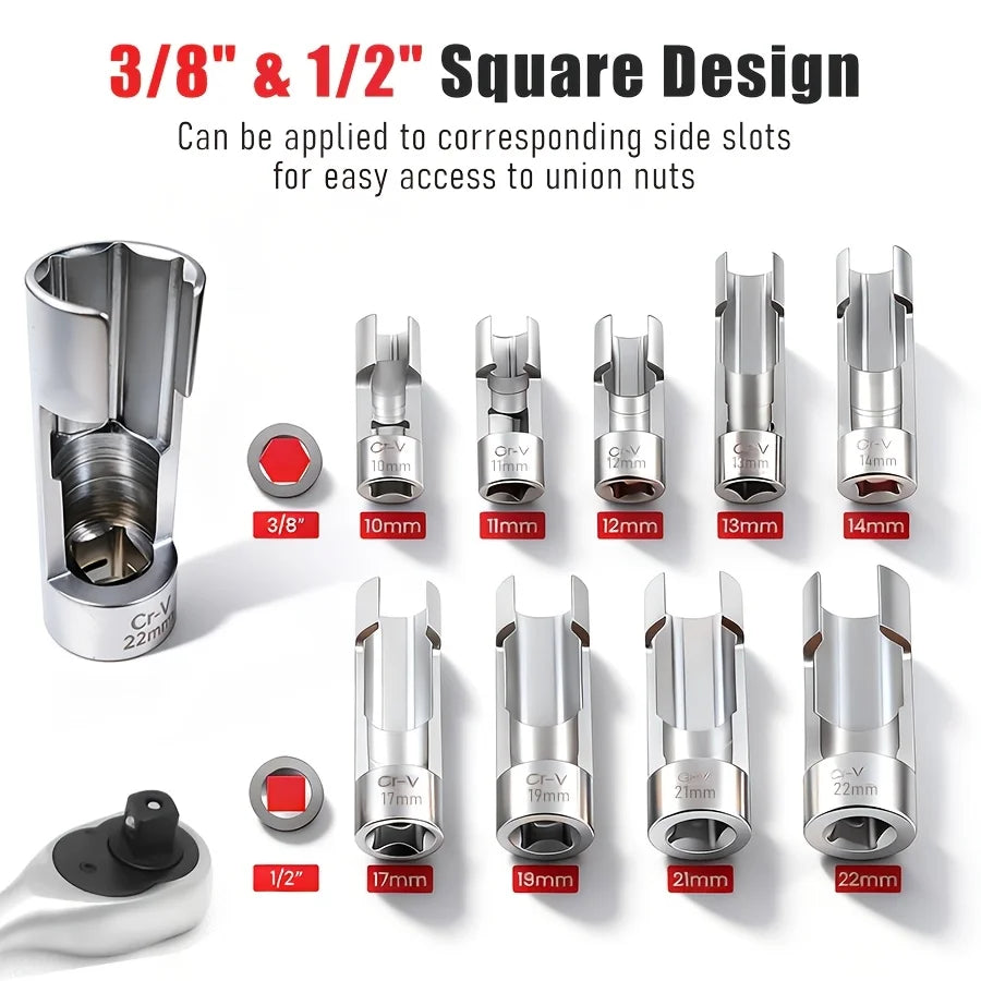 9-Piece 10-22mm Diesel Injector Fuel Line Socket Wrench Set | Suitable for Master Cylinder Lines, Oxygen Sensor Pressure, and Socket Removal Tools