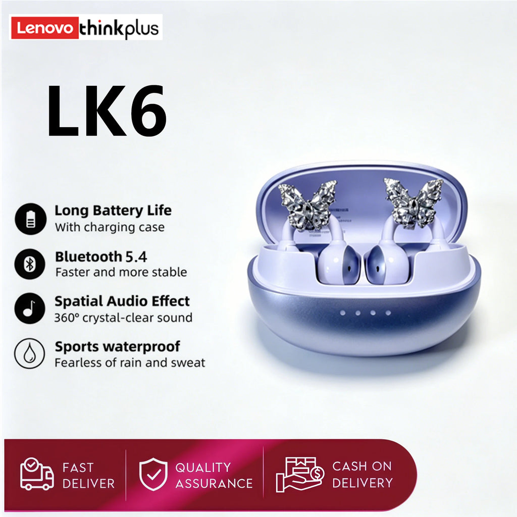 Original Lenovo LK6 Wireless Bluetooth Sports Earphones Ear Clip HD Stereo Headsets HIFI Music Noise Reduction Gaming Earbuds