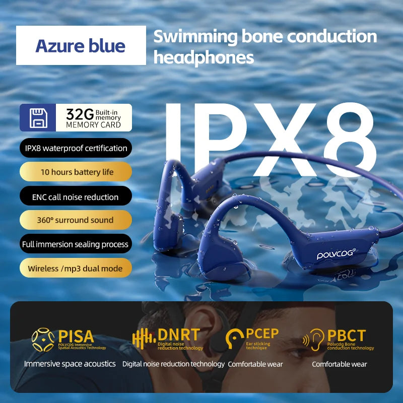 POLVCDG X7 Bone Conduction Headset IPX8 Open Headset Bluetooth 5.3 Swimming with Microphone Waterproof 32GB Memory MP3 2024 New