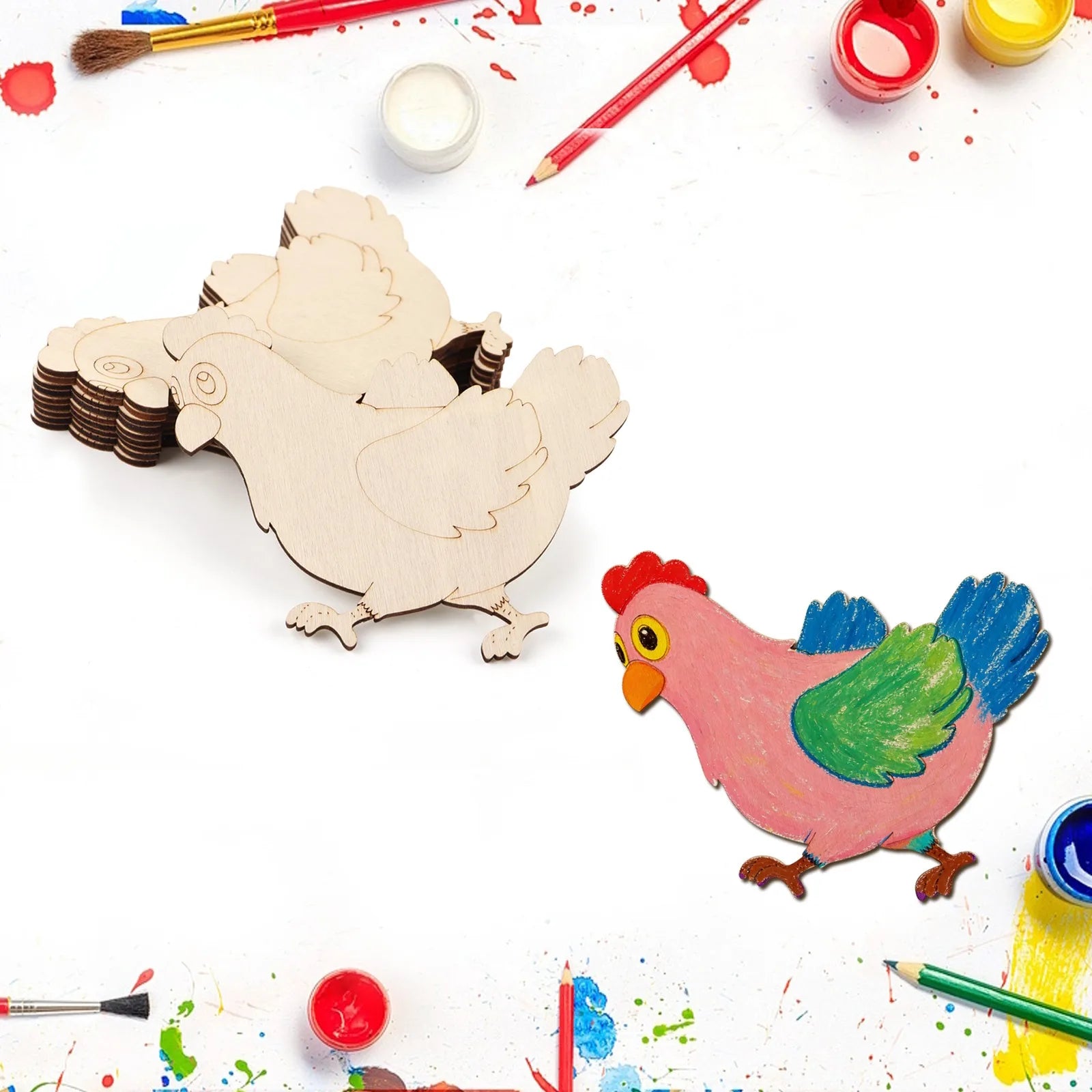 10pcs/set Unfinished Wooden Chicken Cutouts Blank Wooden Ornaments Thanksgiving Supplies for DIY Painting Party Decora Hanging