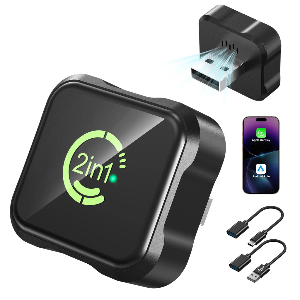 2026 Upgraded Wireless CarPlay & Android Auto Adapter, 2-in-1 Mini Size Plug and Play Adapter for iPhone & Android Auto, Seamless Connection for Convert Wired to Wireless Car Play, USB/USB-C Port