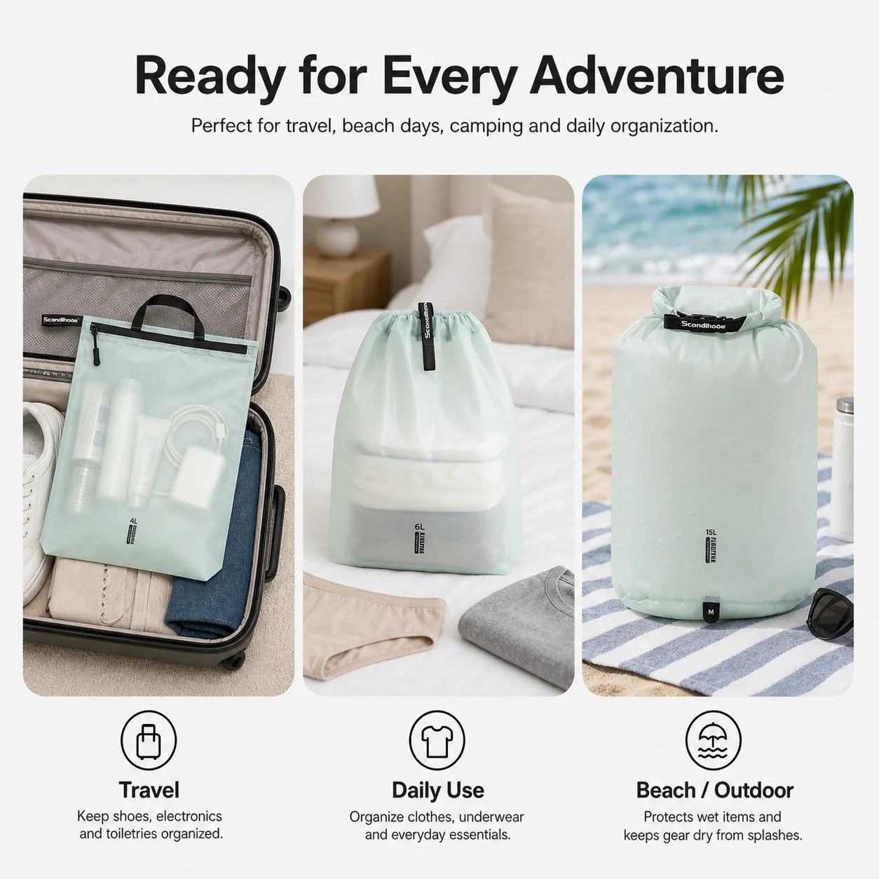 15D Nylon Waterproof Travel Bag IPX5 Ultra-light Dry Bag Drawstring Pouch Zipper Storage Case for Swimming Fitness Outdoor Sport