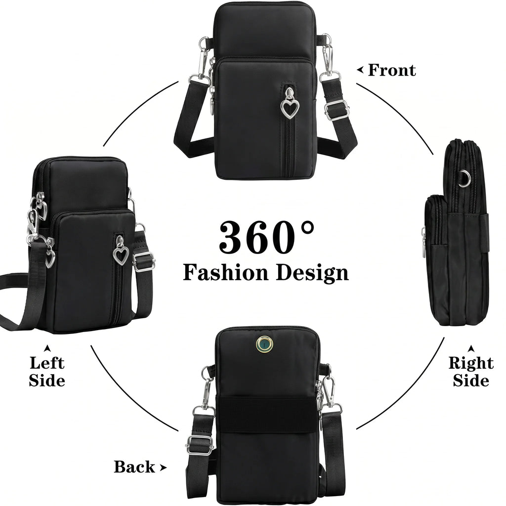 Waterproof Nylon Mini Crossbody Phone Bag for Women Heart Metal Zipper Multi Compartment Shoulder Arm Bag Phone Purse Wallet
