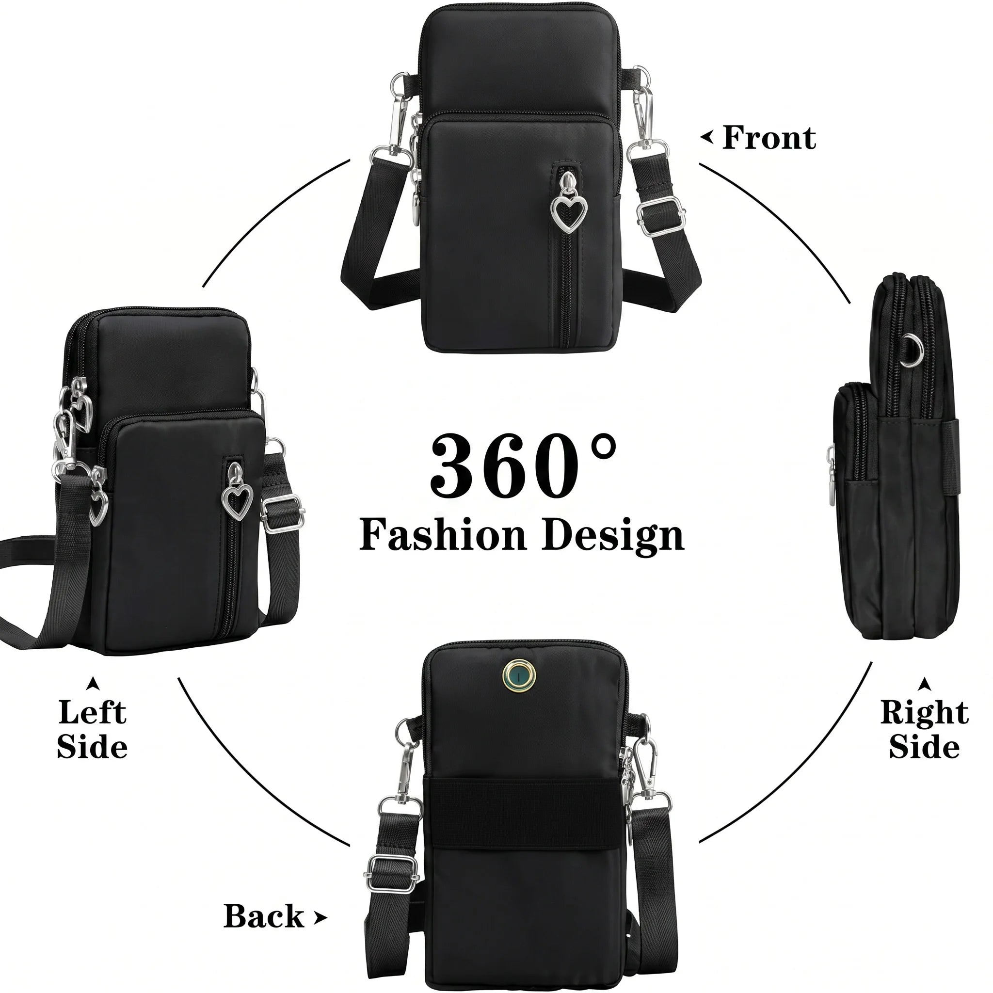 Waterproof Nylon Mini Crossbody Phone Bag for Women Heart Metal Zipper Multi Compartment Shoulder Arm Bag Phone Purse Wallet