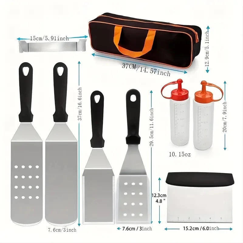 Grill accessories 8-piece set, heavy stainless steel metal scraper, suitable for iron cast-iron flat top teppanyaki Hibachi Hamb