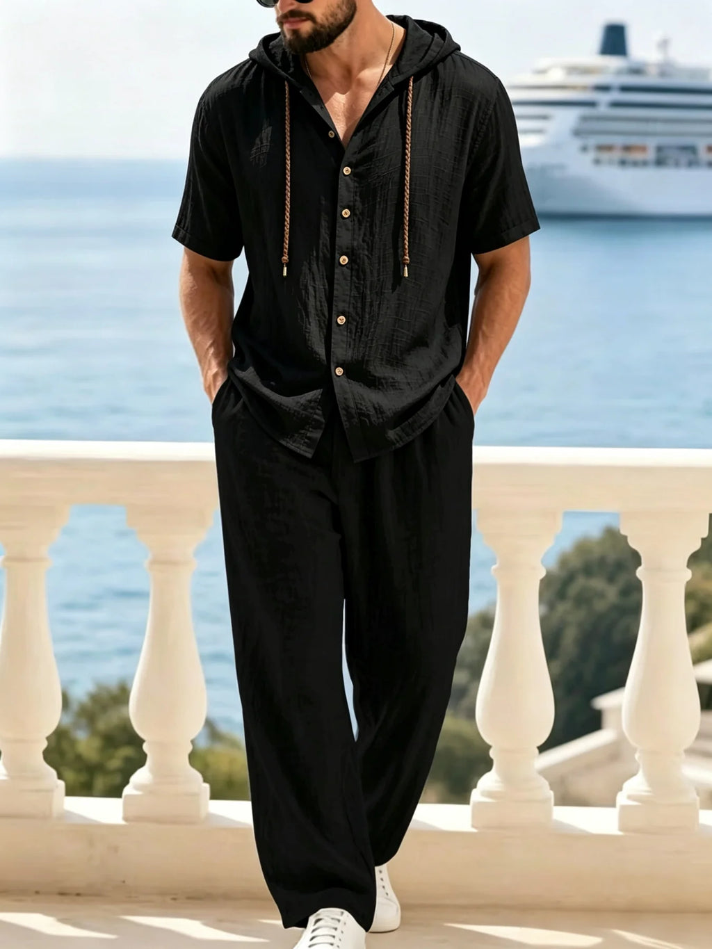 Mens 2 Piece Cotton Linen Outfit Hooded Short Sleeve Shirt Wide Leg Drawstring Pants Casual Beach Set
