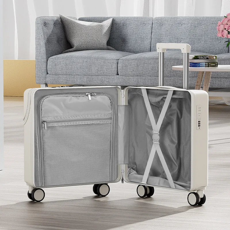 18 inch Front Opening Travel Suitcase Trolley Luggage Password Case Cabin Boarding Suitcase With USB Charging Port Cup Holder
