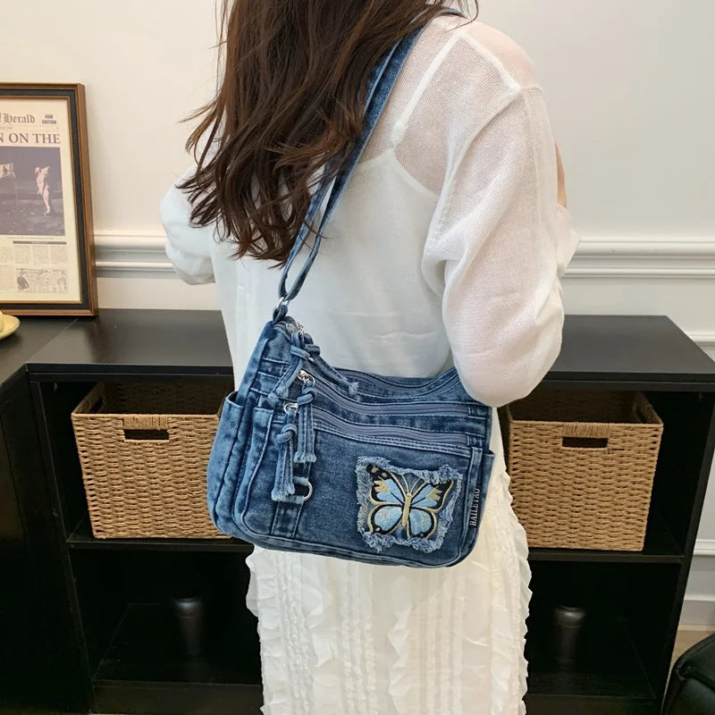 Korean Version Denim Crossbody Bag with Cute Butterfly Embroidery – Adjustable Strap, Multi-Pocket Small Sling for Women
