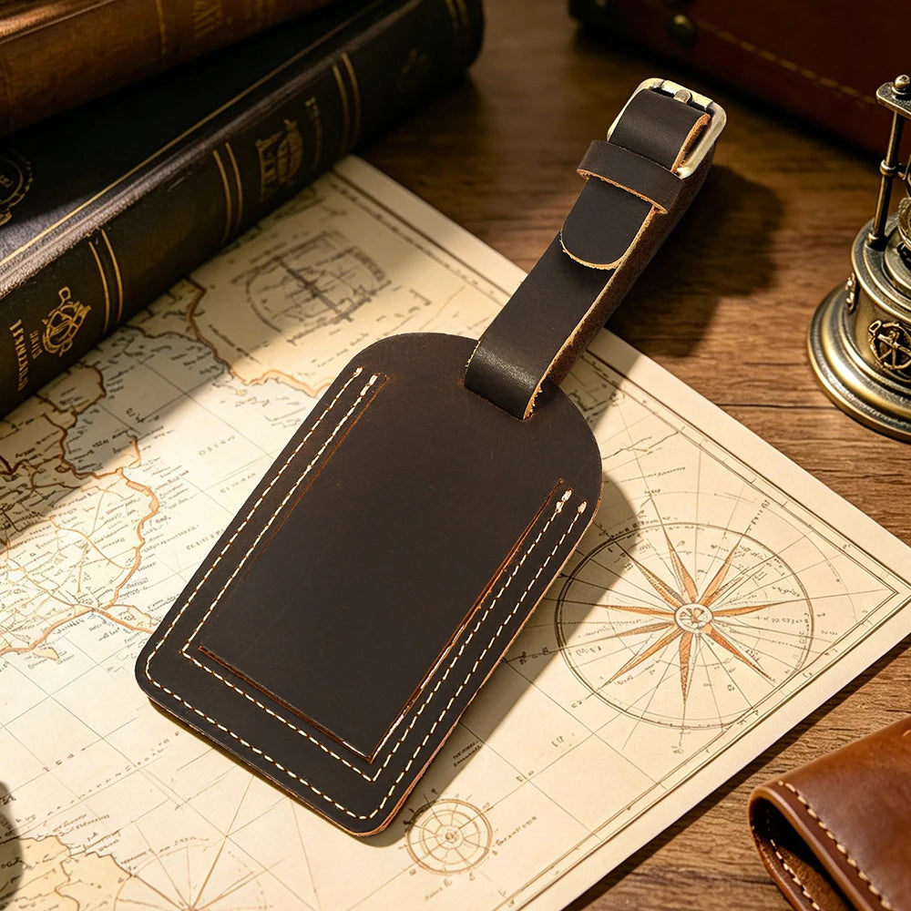 Vintage Crazy Horse Genuine Leather Luggage Tag Privacy Cover ID Address Label Adjustable Strap Suitcase Baggage Travel Accessor
