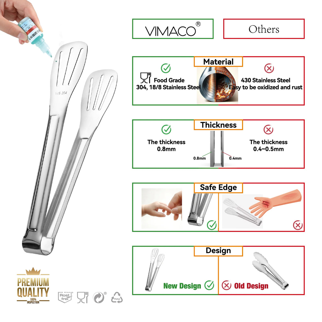 VIMACO® High Quality Stainless Steel 304 18/8 Food Tong Small Serving Utensils for Cooking Entertain Salad Barbecue Buffet Toast