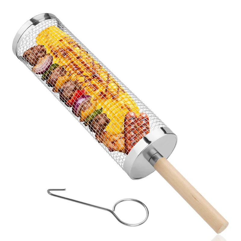 Rolling Grill Baskets for Outdoor Grill,  Basket with Removable Wooden Handle, Camping Picnic BBQ Accessories Tools for Grilling