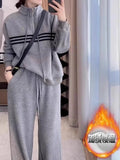 Thickened Design Striped Sweatshirt Set Women's New Autumn Fleece Wide Leg Casual Sweatpants Long-sleeved Top Two Piece Set