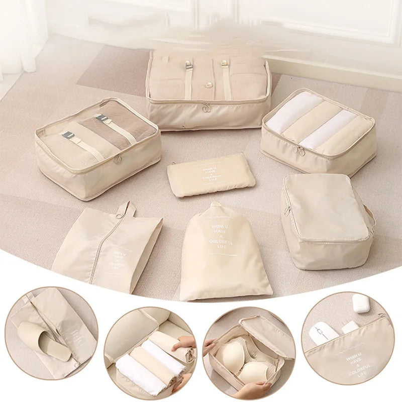 9Pcs Travel Packing Cubes Set Waterproof Luggage Organizer with Drawstring Pouches for Clothes Shoes Cosmetics Underwear - Suitc