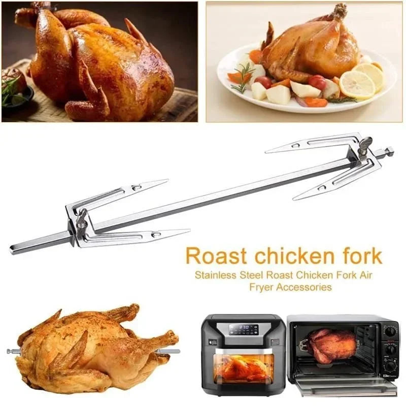 Stainless Steel Rotation Air Fryer Fork Roast Chicken Skewer Fish Meat Grilled Rack Roaster Forks BBQ Tools Oven Accessories