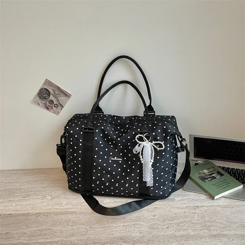 Korean Polka Dot Lazy Style Large Capacity Women's Luggage Bag Travel Handheld Short Trip Business Commuting Bag Lightweight ...