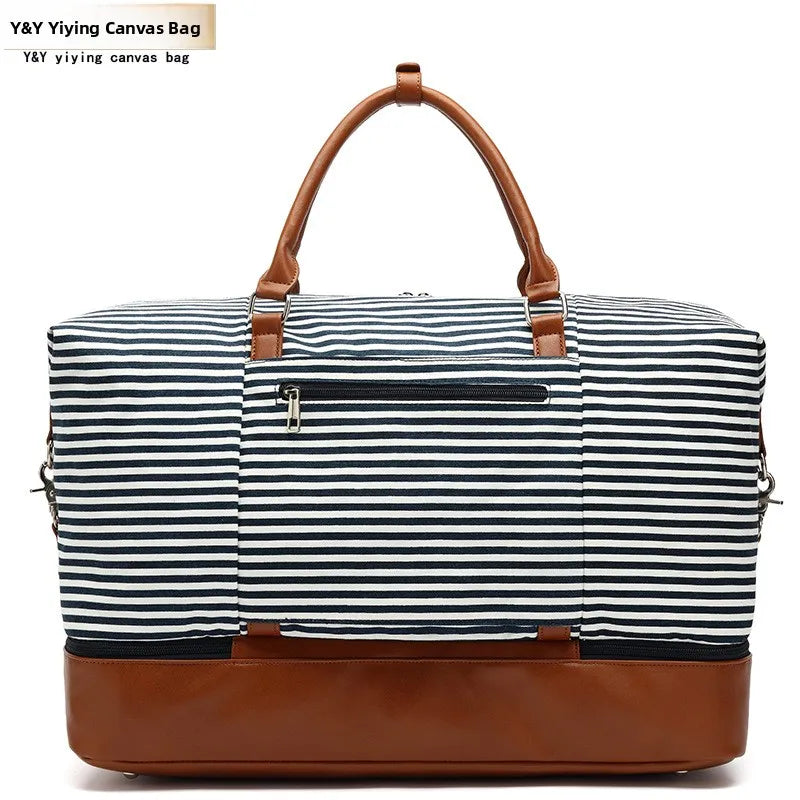 Fashionable Striped Canvas Travel Bag Waterproof Handheld Luggage PU Sports Bag Storage Wet And Dry Separation Bag Leisure Tr...