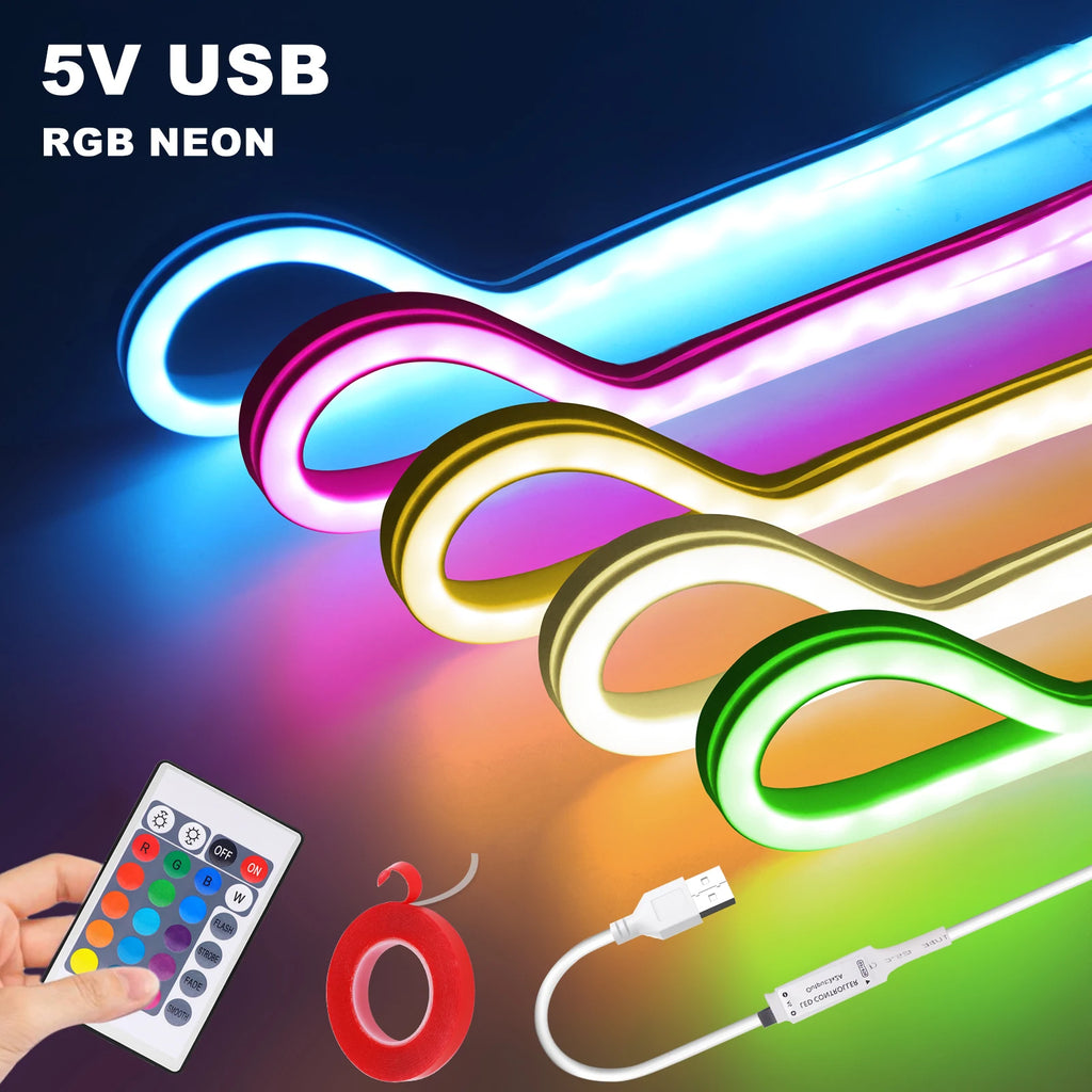 5V USB RGB LED Neon Strip 1M 2M 3M 5M Flexible LED Strip with Remote Control Waterproof Neon Silicone Ribbon Adhesive Tape