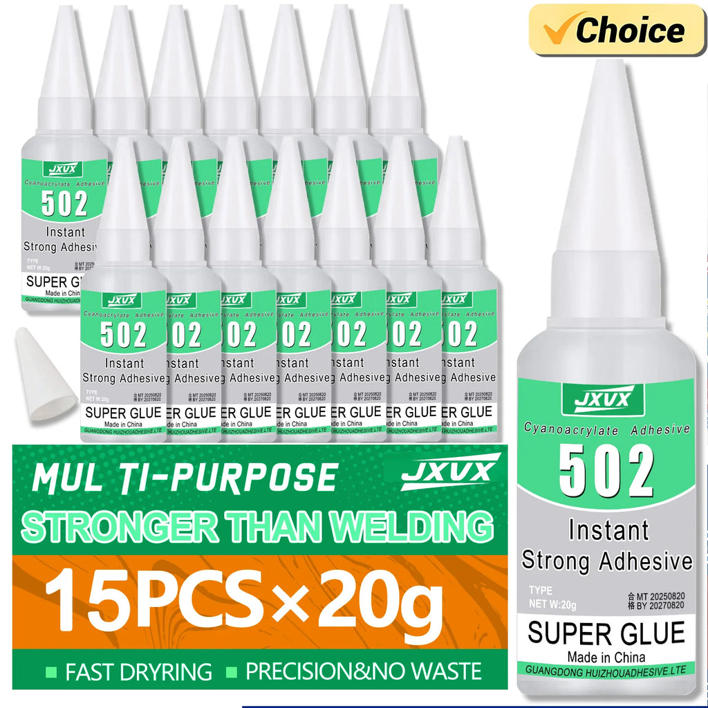 15pcs 502 Super Glue Instant Quick-drying Cyanoacrylate Transparent Adhesive Leather Rubber Wood Metal Glass Strong Bond Liquid Glass Glue High Viscosity Tool With precision dispenser 20g(0.7oz).