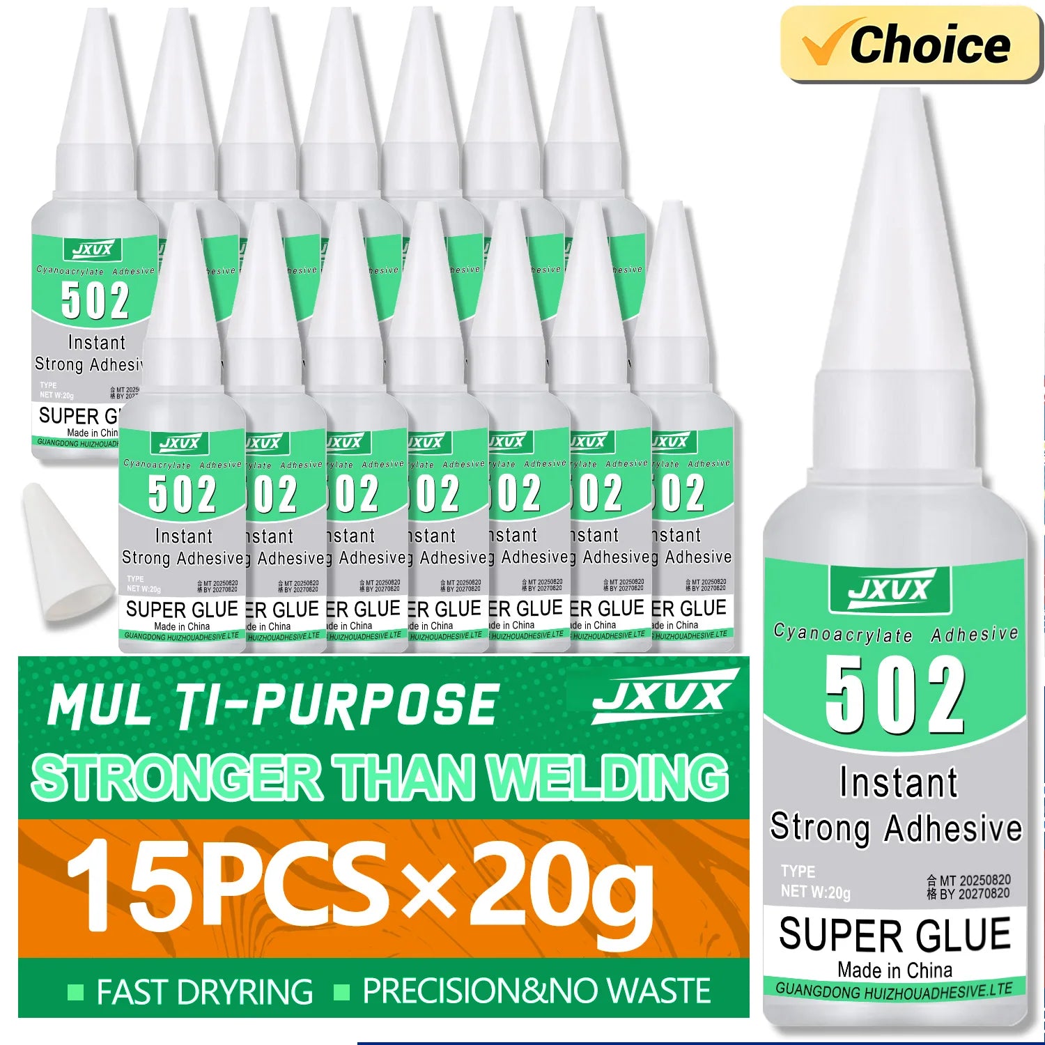 15pcs 502 Super Glue Instant Quick-drying Cyanoacrylate Transparent Adhesive Leather Rubber Wood Metal Glass Strong Bond Liquid Glass Glue High Viscosity Tool With precision dispenser 20g(0.7oz).