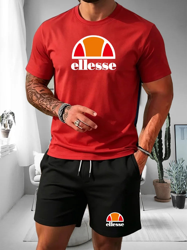 2026 Summer New Men's Fashion Outdoor Sports Set Printed Short Sleeve T-shirt+Shorts Loose Home Leisure Two Piece Set