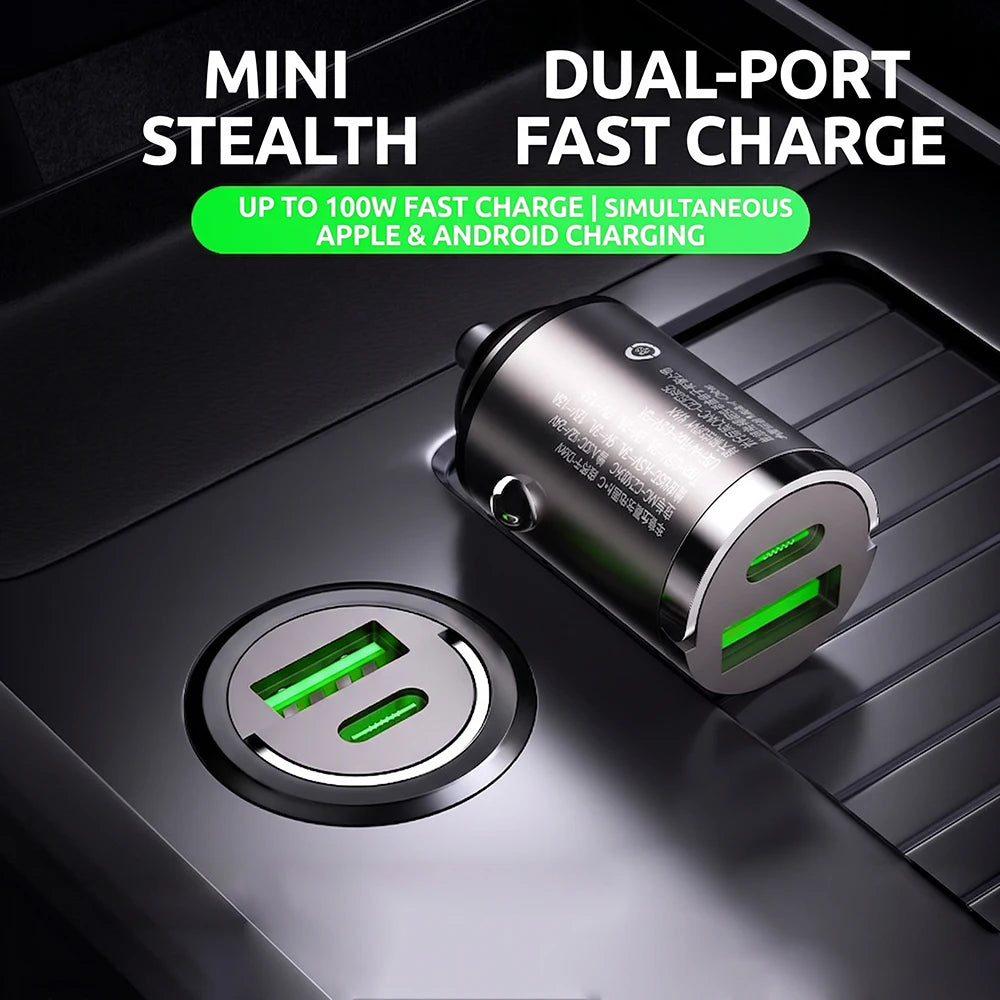 Mini 100W Car Charger Dual Port USB C PD And QC Fast Charging Cigarette Lighter Adapter Flush Fit For Smart Phones Tablets