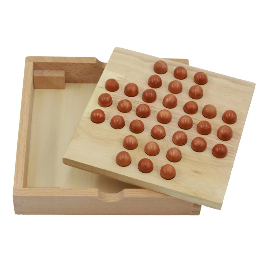 Wood Peg Solitaire Board Game with 33 Glass Balls Pegs for Adults Kids