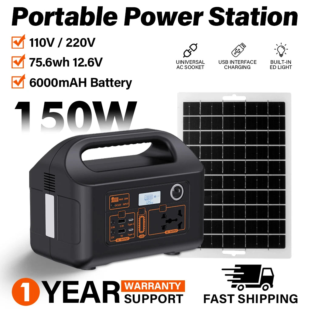 150W Portable Power Station Power Generator 110V 220V LED Light Emergency Solar Power Bank for Outdoor Camping Travel