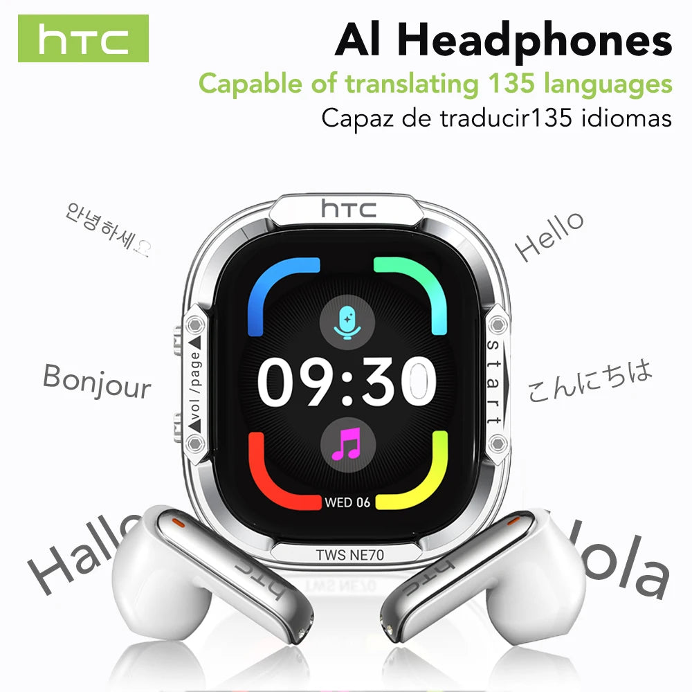 Bluetooth Wireless Headset HTC NE70 AI Real-Time Translator Earbuds 134 Languages Video Subtitle Touch LED Screen BT6.0 HiFi