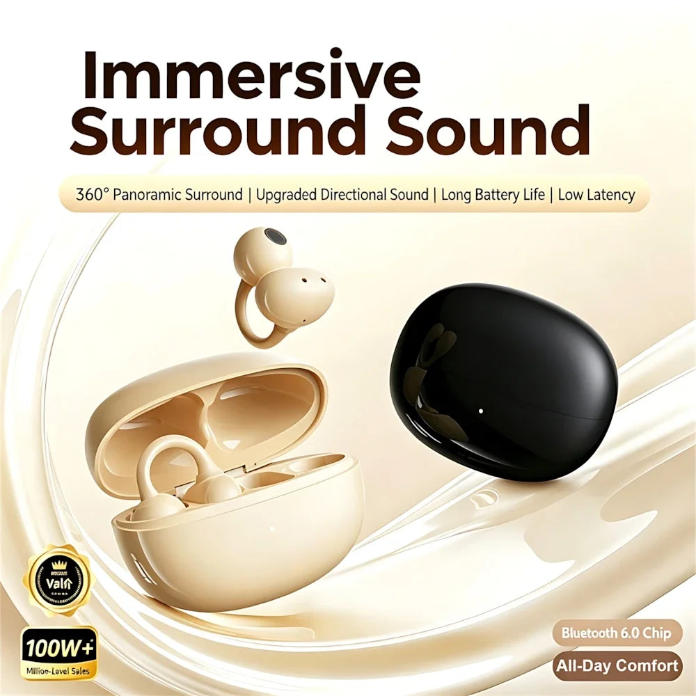 OWS Fashion Ear Clip Bluetooth Wireless Earphone Leather Texture Long Endurance Sports Run Sports Call Noise Reduction Headphone