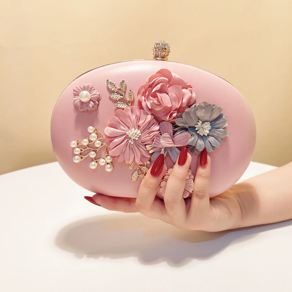 Flower Evening Bags Pink Color Women Small Clutch Purse With Chain Shoulder Flap Design Diamonds Beading Box