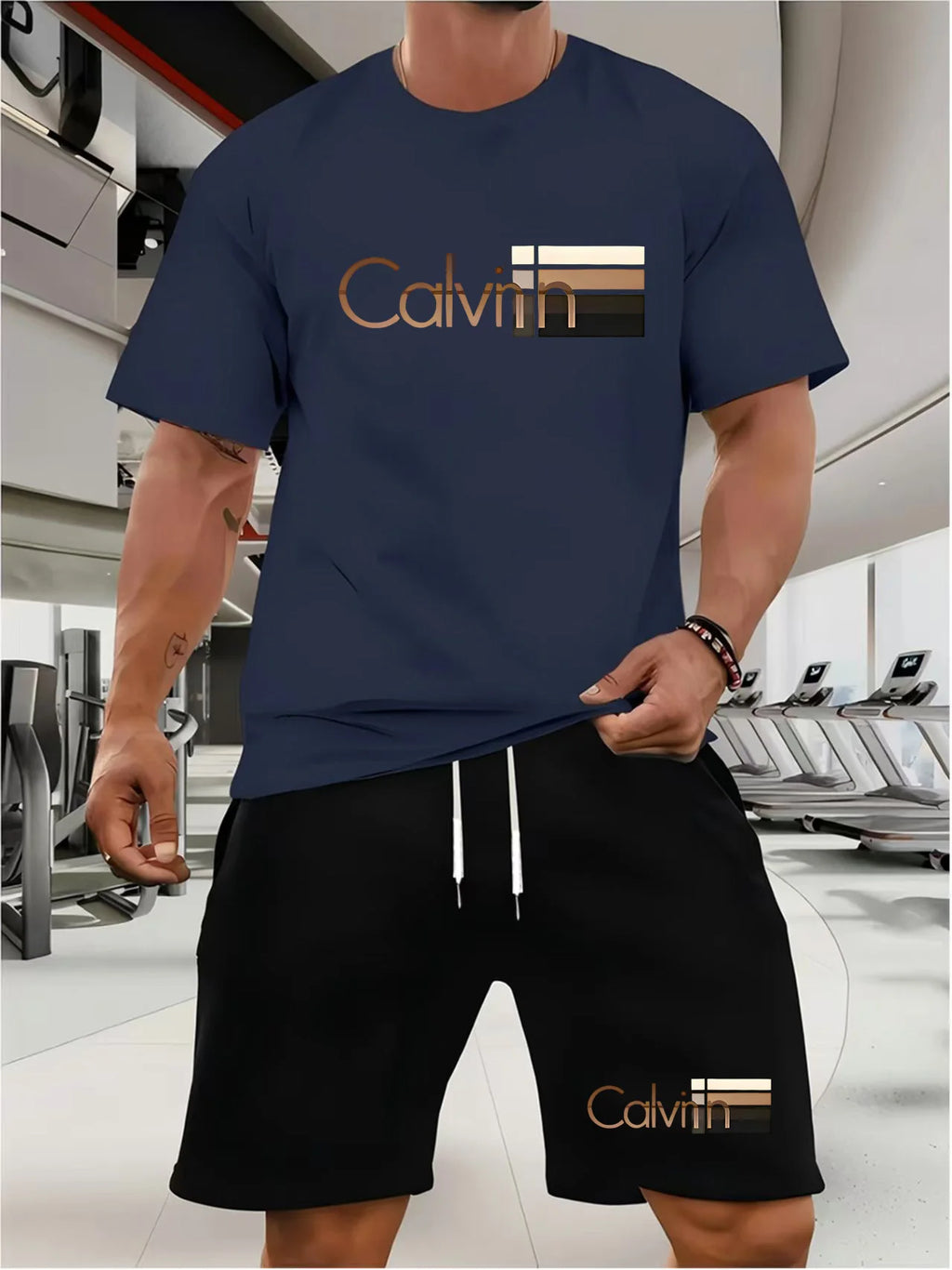 Men's T-shirt and shorts set summer casual loose and fashionable Calvin letter print comfortable round-neck short-sleeved T-shir