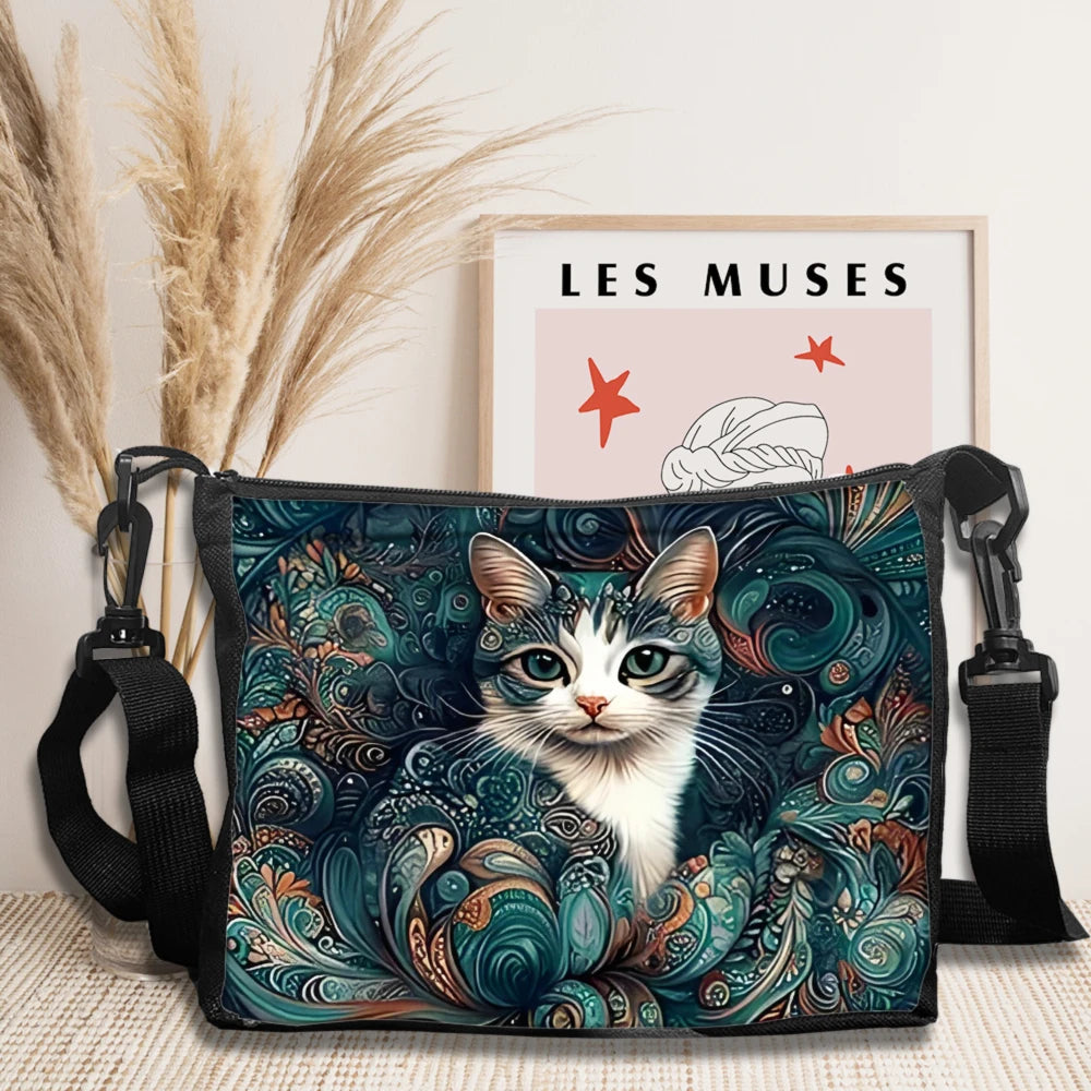 Chic Black Cat & Floral Pattern Shoulder Bag Women's Stylish Lightweight Crossbody Bags Adjustable Strap Camping Storage Bag
