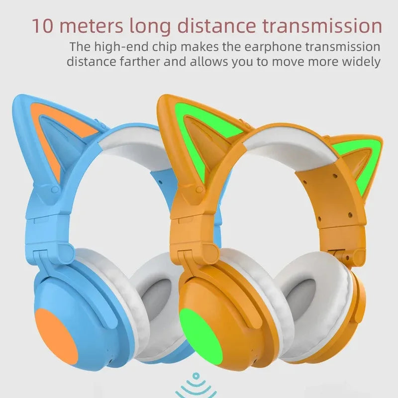 Head Mounted Cat Ear Glowing Bluetooth Earphones, High-definition Microphone, Foldable Storage, Compatible With Multiple Devices