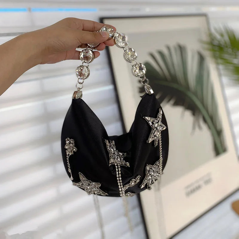 Women Silk Handbag Diamond Bucket Bag StarTassel Evening Bag Shoulder Bag Hobo Bag Party Purse Female Clutches Bolsos