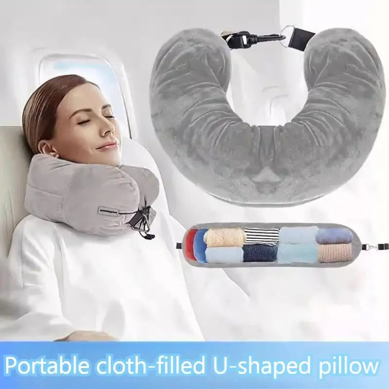 Fillable U-Shaped Travel Neck Pillow with Velvet Cover & Storage Bag - Comfortable for Airplane, Car, Office, Portable Design