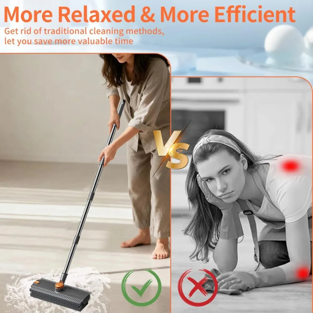 3 in 1 Floor Scrub Brush,Floor Scrubber with Squeegee and Tweezer, Push Broom with Long Handle,Heavy-Duty Stiff 90° Bristle Broom for Patio,Shower, Garage,Deck,Tile, Concrete & Wood Surface