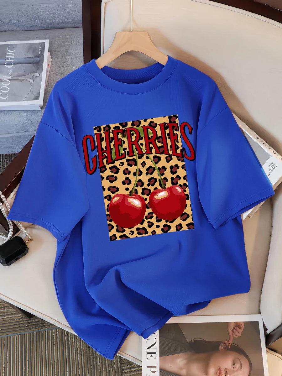 Plus Size Leopard Cherry Creative Design Womens Tee Shirts Casual T Shirt Summer O-Neck Streetwear Soft Oversized Short Sleeve
