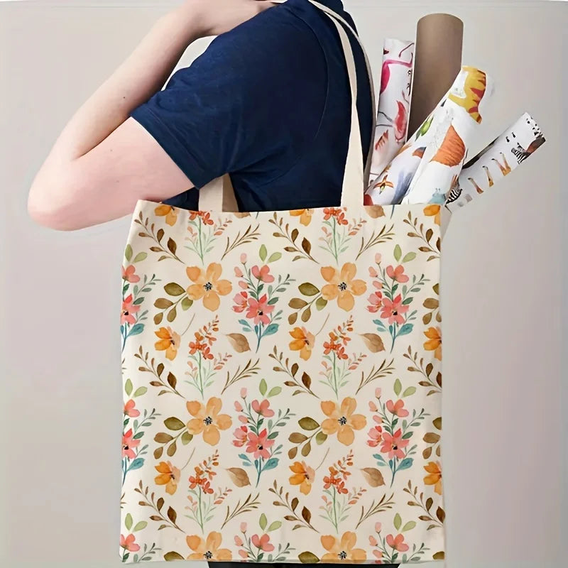 Unisex Canvas Baguette Bag Art Wildflower Pattern Reusable Shopping Tote Large Capacity Double Sided Print Storage Pouch Personal Items Organizer Gift for Friend