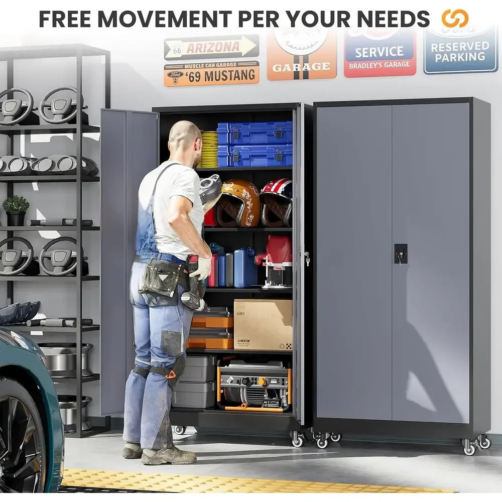 Heavy-Duty Rolling Storage Cabinet with Lock, 2 Doors and 4 Shelves, Tall Tool Cabinet on Wheels for Workshop/Home/Office - Blac