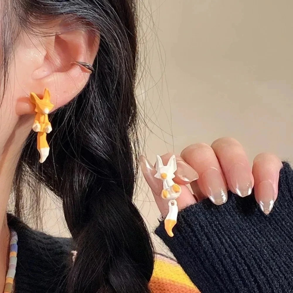 1pair Creative Fashion Cute Cartoon Fox Shape Asymmetric Earrings Trend Personality Earrings Female Ornaments