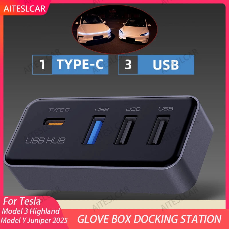 Docking Station USB Hub 4-in-1 for Tesla Model 3 Model Y Glovebox for Dashcam Flash Drive Charger Data Transfer Games Music