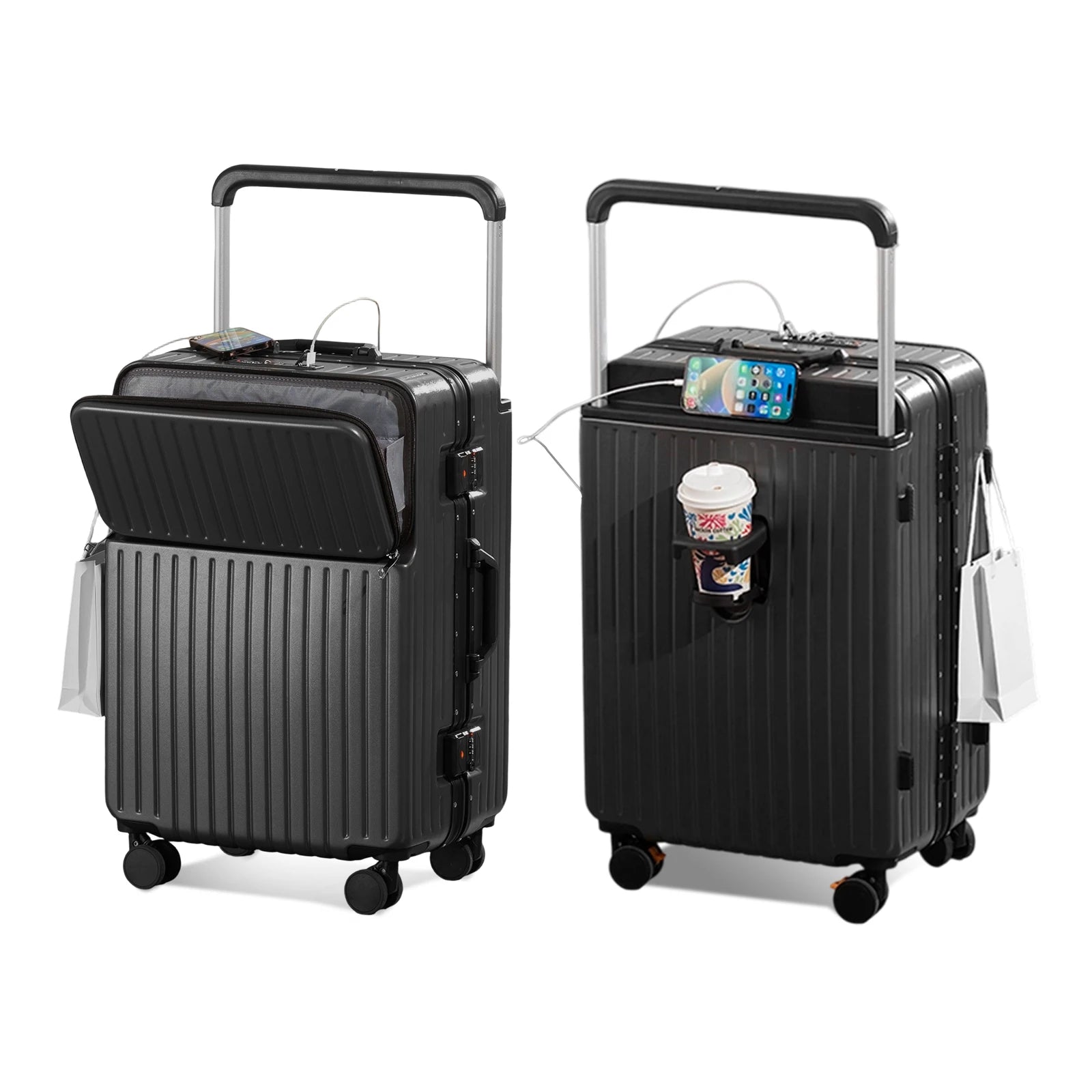 AIWEINY 20/24/26Inch Front Opening Hard Shell Luggage Aluminum Frame Wide Handle USB 360° Silent Wheels TSA Lock Business Travel