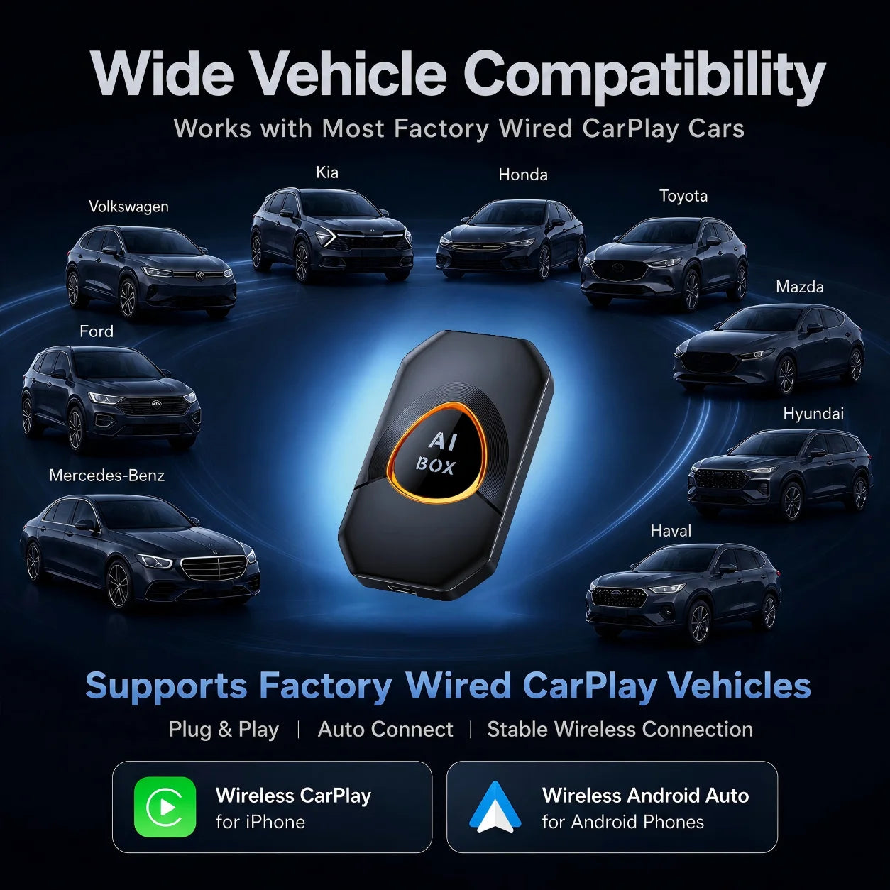 Carplay AI Box Android 15 Wireless Android Auto Smart TV Box For Youtube Netflix Toyota Mazda Hyundai Haval GMC Ford MG Kia VW