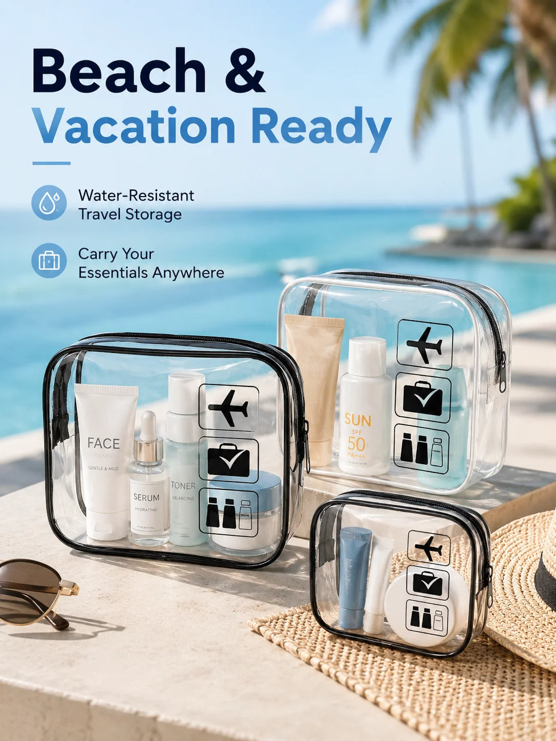 Clear TSA Travel Toiletry Bag Set, Waterproof PVC Cosmetic Organizer Pouch for Women Airport Vanity Storage