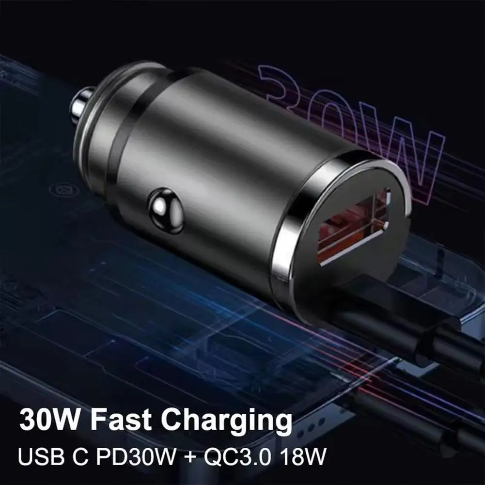 30W Car Cigarette Lighter Charger USB Type C Car Charger PD3.0 Mini Metal Dual USB Fast Charging Adapter