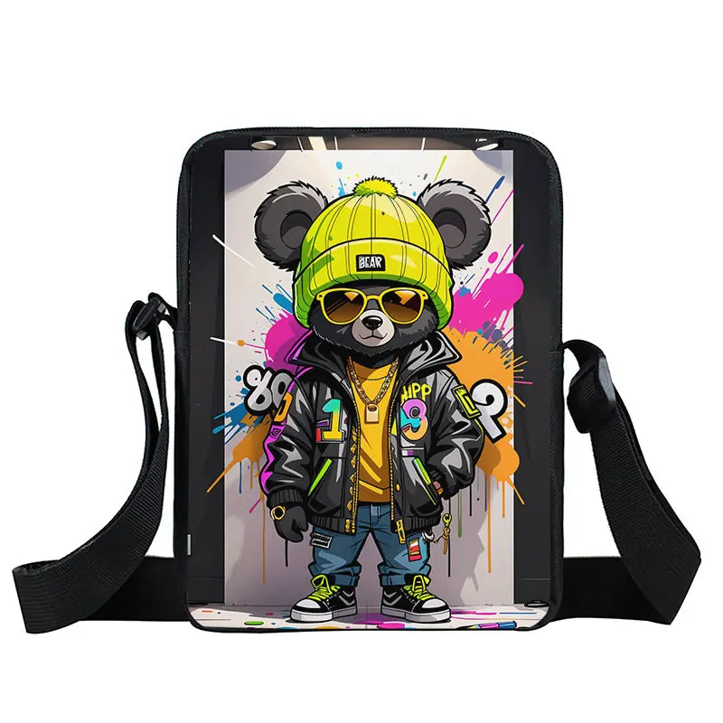 Cute Graffiti Bear Print Crossbody Bags Teenager Boy Girls Women Shoulder Bag Phone Keys Portable Card Storage Bags Gift