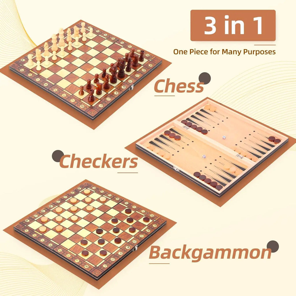 Chess Magnetic Backgammon Checkers Set Foldable Board Game 3-in-1 Road International Chess Folding Choard Draughts Entertainment