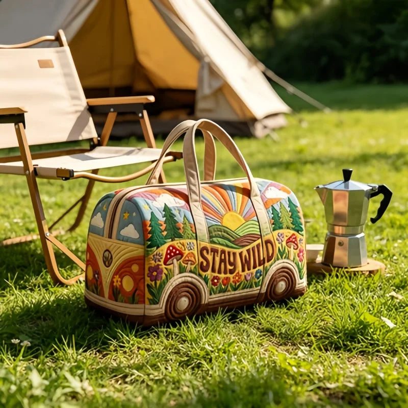 1pc Hippie Boho Quilted Duffle Bag, Vintage "STAY WILD" Van Travel Bag, Large Capacity Weekender Bag for Women Travel Gym